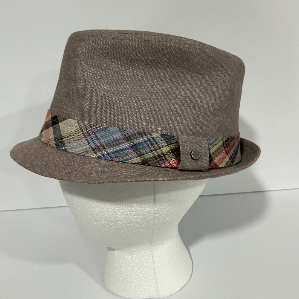Stetson Fedora Hat Gray Brim plaid band, Medium, Vintage, Linen Cotton